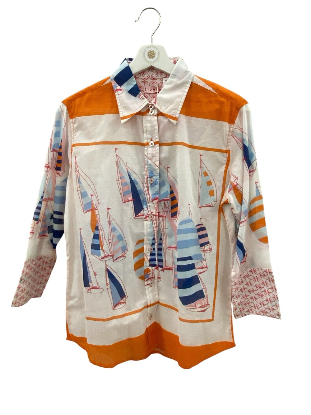 Women’s Button-Down Sailboat Print Shirt - Orange & Blue